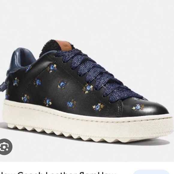 Coach Leather floral low top sneaker black blue Size 7 - Picture 1 of 17